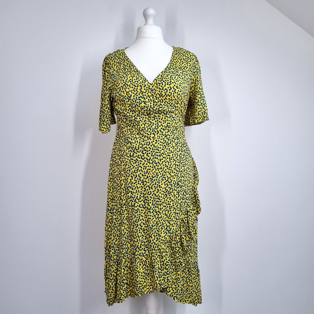 Next Beachwear Wrap Dress Yellow UK 16 Midi Ruffle Hem Short Sleeves Print Work