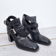 Load image into Gallery viewer, Zara Boots Buckles Studded Ankle Black Faux Crocodile Leather Cutout UK 7 EU 40
