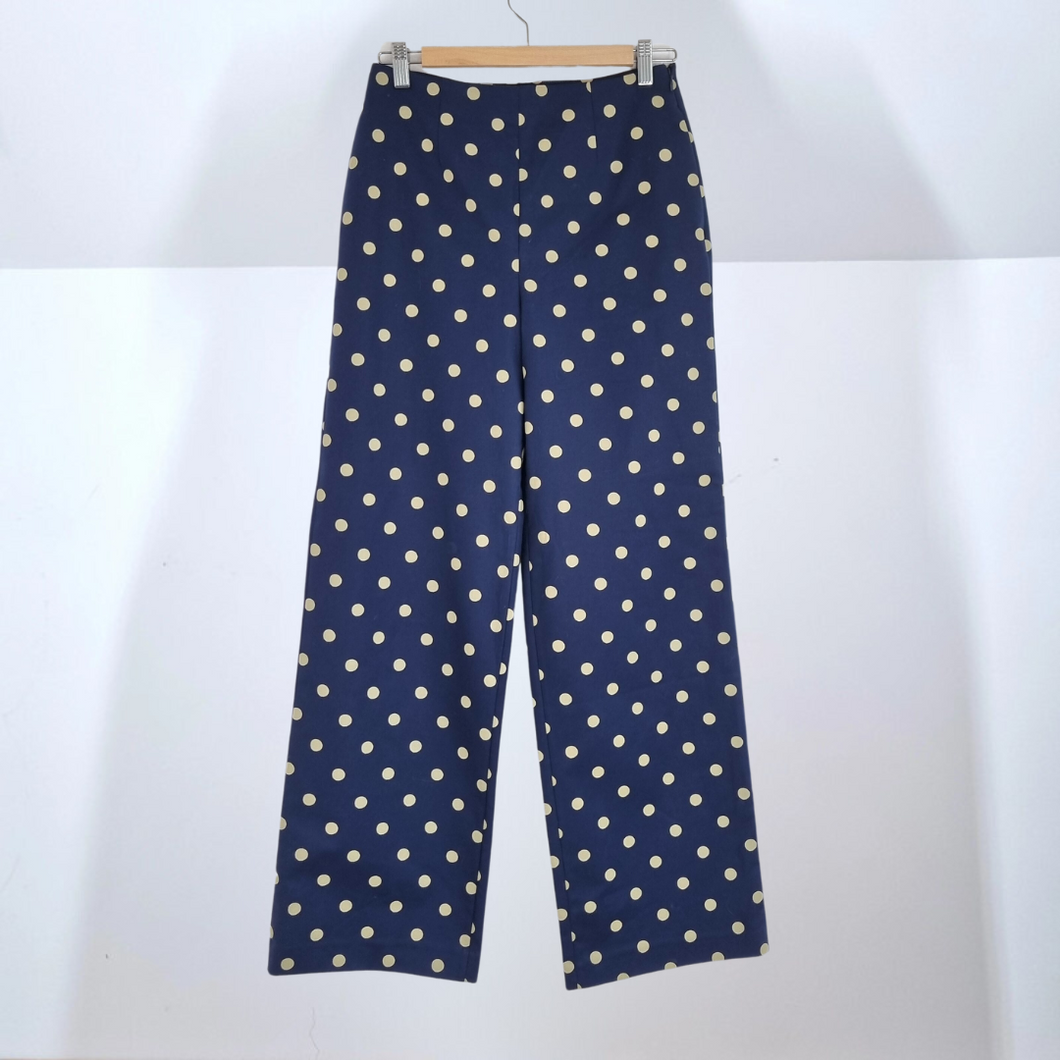 Boden Trousers Wide Leg Polka Dot Palazzo Dress Pants Navy Cotton High Rise 8