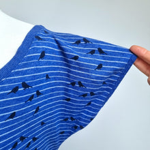 Load image into Gallery viewer, Naketano Tunic Top Blue Bird Print Striped Size Large Cotton Blend Jersey Bardot
