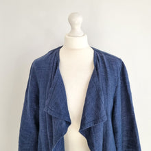 Load image into Gallery viewer, East 100% Linen Jacket Waterfall Open Pockets Navy Blue Draped Cardigan Medium
