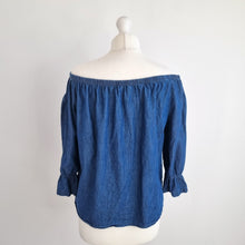 Load image into Gallery viewer, Made in Italy Denim Top Off the Shoulder Chambray Dark Blue Blouse Cotton 10-14
