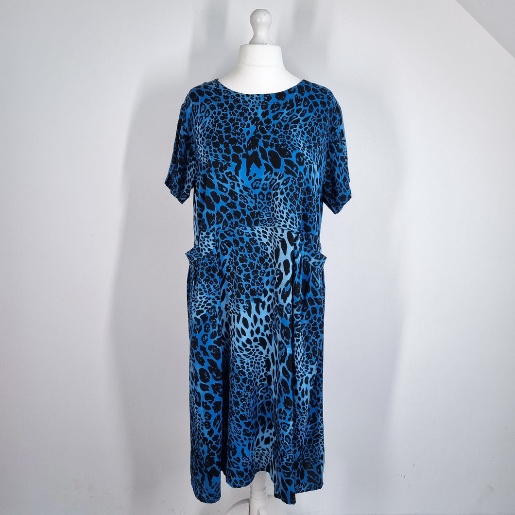Frank Usher Midi Dress L XL Leopard Print Pockets Blue Black Short Sleeve Animal