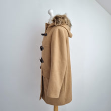 Load image into Gallery viewer, M&amp;S Duffle Coat Camel UK 14 Faux Fur Hooded Toggle Winter Coat Caramel Lined
