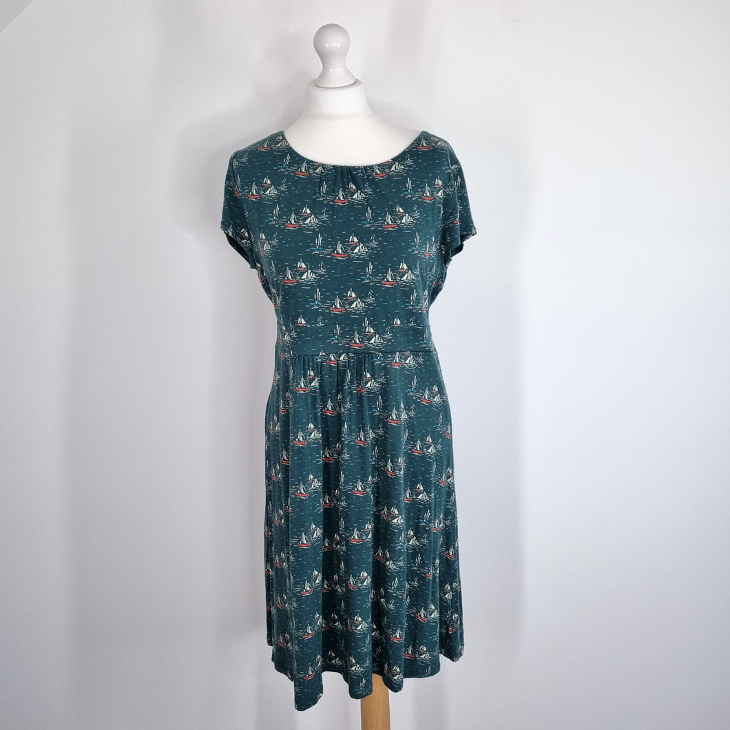 Seasalt Cornwall Carnmoggas Dress Sail Boats Print Jersey Green Smock Casual 14