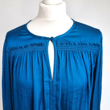 Load image into Gallery viewer, Jigsaw Blouse Satin Peasant Teal Blue Top Long Sleeves Boho Work Smock Size 14
