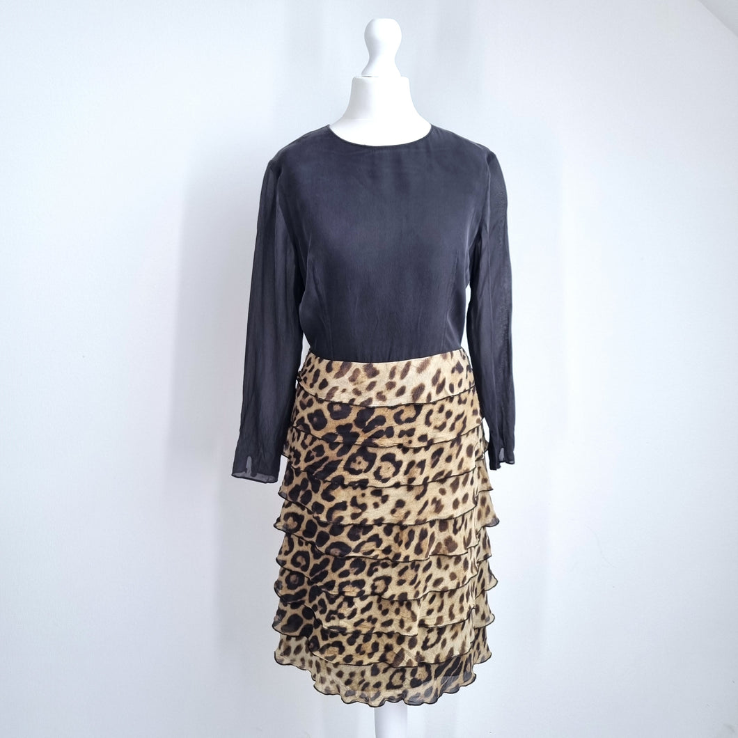 Moschino Cheap & Chic Dress 100% Silk Leopard Print Ruffle Cocktail Shift UK 8