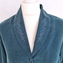 Load image into Gallery viewer, Vintage Monsoon Blouse 100% Silk Dark Green Embroidered Long Sleeves Boho Medium
