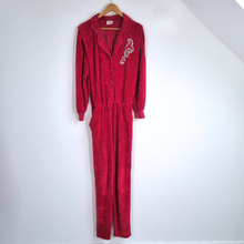 Load image into Gallery viewer, Vintage 80s Velour Jumpsuit Red Tribal Graphic UK Made Oversized Unisex M
