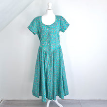 Load image into Gallery viewer, Vintage Nightingales Maxi Dress Turquoise Button Down Floral A Line Cottage 10
