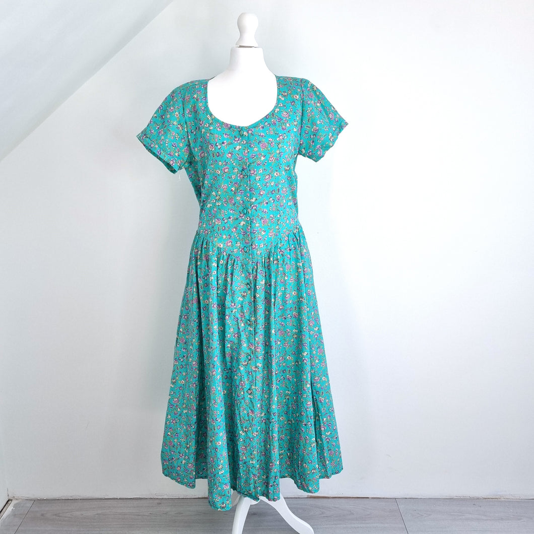 Vintage Nightingales Maxi Dress Turquoise Button Down Floral A Line Cottage 10