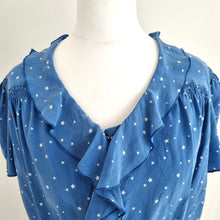 Load image into Gallery viewer, MiH 100% Silk Top Cropped Blouse Blue Star Print Button Down Frill Ruffle Medium
