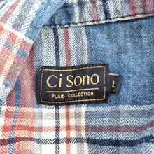 Load image into Gallery viewer, Ci Sono Plaid Shirt Size Large Check Denim Contrast Panels Cotton Fitted Women
