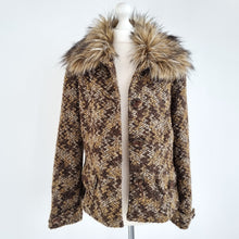 Load image into Gallery viewer, Per Una Boucle Jacket M&amp;S Removable Faux Fur Trim Brown Coat Tweed Lined Knit 14
