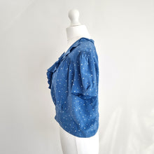 Load image into Gallery viewer, MiH 100% Silk Top Cropped Blouse Blue Star Print Button Down Frill Ruffle Medium
