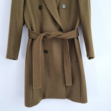 Load image into Gallery viewer, Zara Man Coat Belted Khaki Green Military Double Breasted Work Overcoat Small

