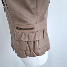 Load image into Gallery viewer, Antros Real Leather Jacket Vintage Ruffle Peplum Taupe Zip Pocket Biker 8 Small
