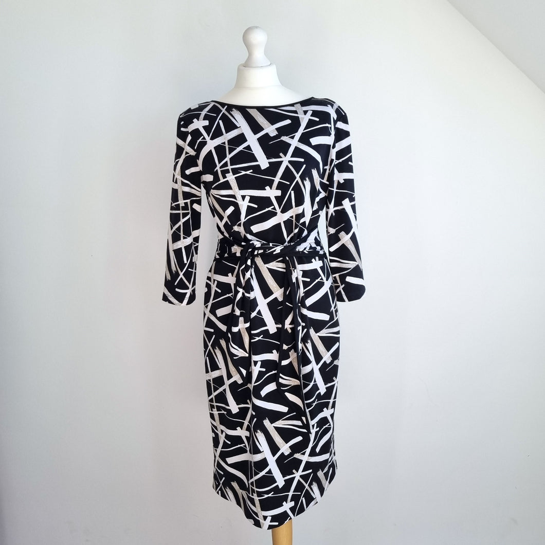 Joseph Ribkoff Dress Wiggle Work Tie Black White Office Stretch Long Sleeves 12