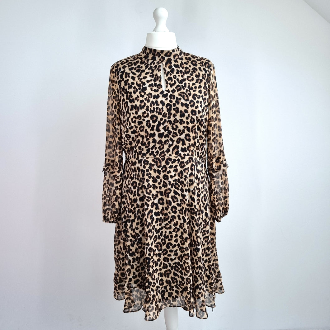 Dusk Dress Leopard Print NEW Size 18 Frill Chiffon Animal Lined Long Sleeves