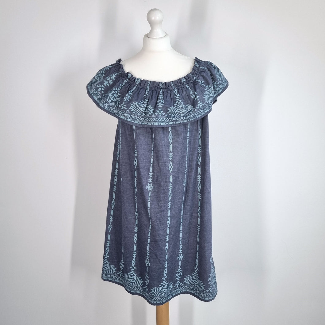 Mantaray Off Shoulder Dress Blue Boho Peasant Smock Embroidered Festival Large