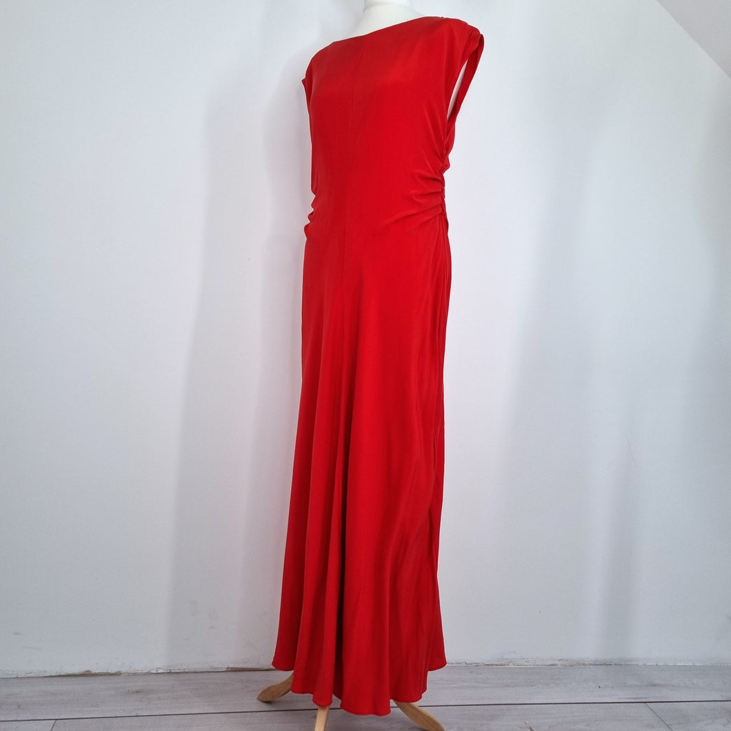 Jigsaw Maxi Dress Red 100% Silk Ruched Occasion Evening Lined  Wedding Guest 14