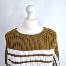 Load image into Gallery viewer, Next Jumper Lace Up Back Chunky Knit Green Navy Striped Cotton Blend Medium
