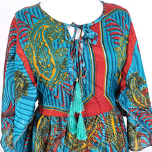 Load image into Gallery viewer, All About Audrey Dress Recycled Saree Maxi Blue Paisley Kaftan Vintage India M L
