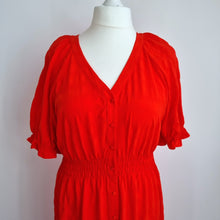 Load image into Gallery viewer, M&amp;S Midi Dress Red Button Down 16 Long Milkmaid Shirred Waist Boho Casual A Line
