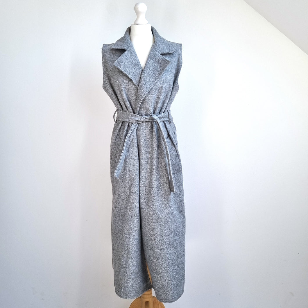 Sleeveless Belted Duster Jacket Waistcoat Grey Midi Pockets Trenchcoat One Size