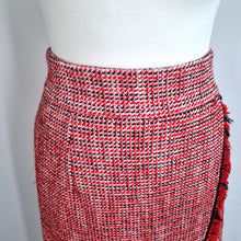 Load image into Gallery viewer, M&amp;S Tweed Midi Skirt UK 14 Red Fringed Pencil Boucle Lined Wrap Office Smart
