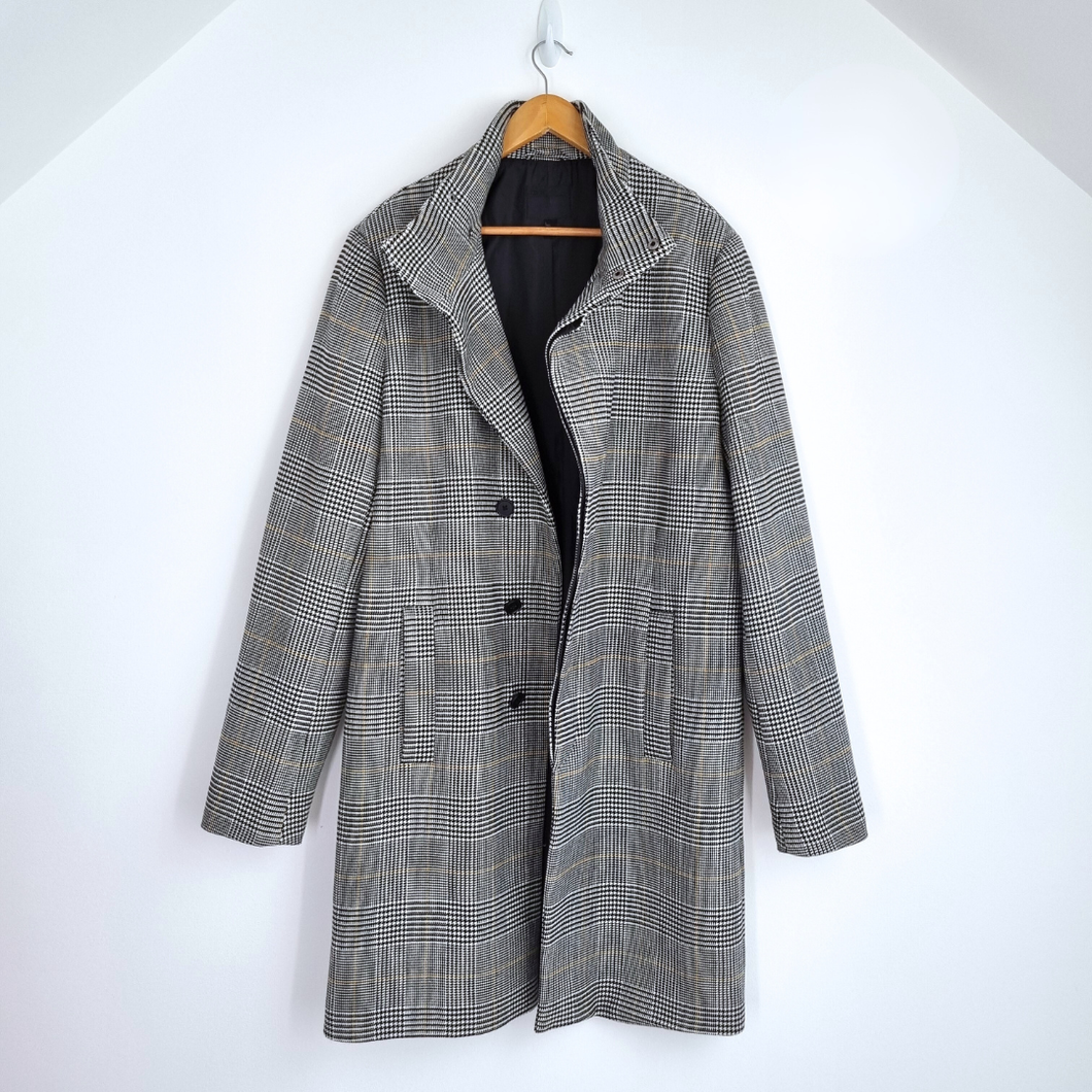 Asos Men's Coat Grey Large Tall Prince of Wales Check Button Down Overcoat Tweed