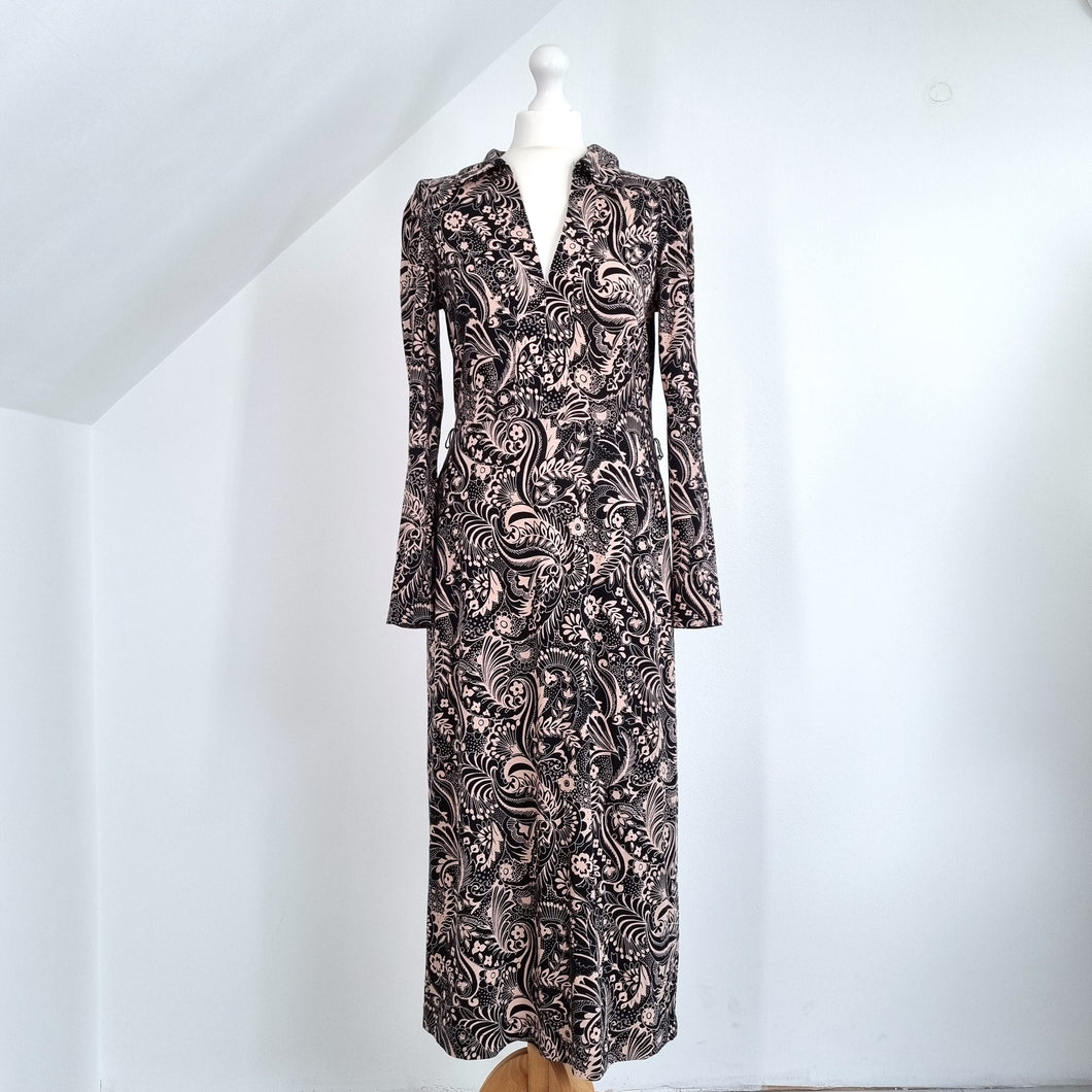 Boden Midi Dress Jersey Floral Print Long Sleeves Kaftan Tunic Shirt Black 10