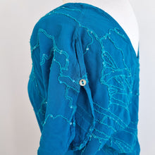 Load image into Gallery viewer, Vintage Ghost Blouse Blue Top Embroidered Sequins Scoop Neck Boho 90s Large
