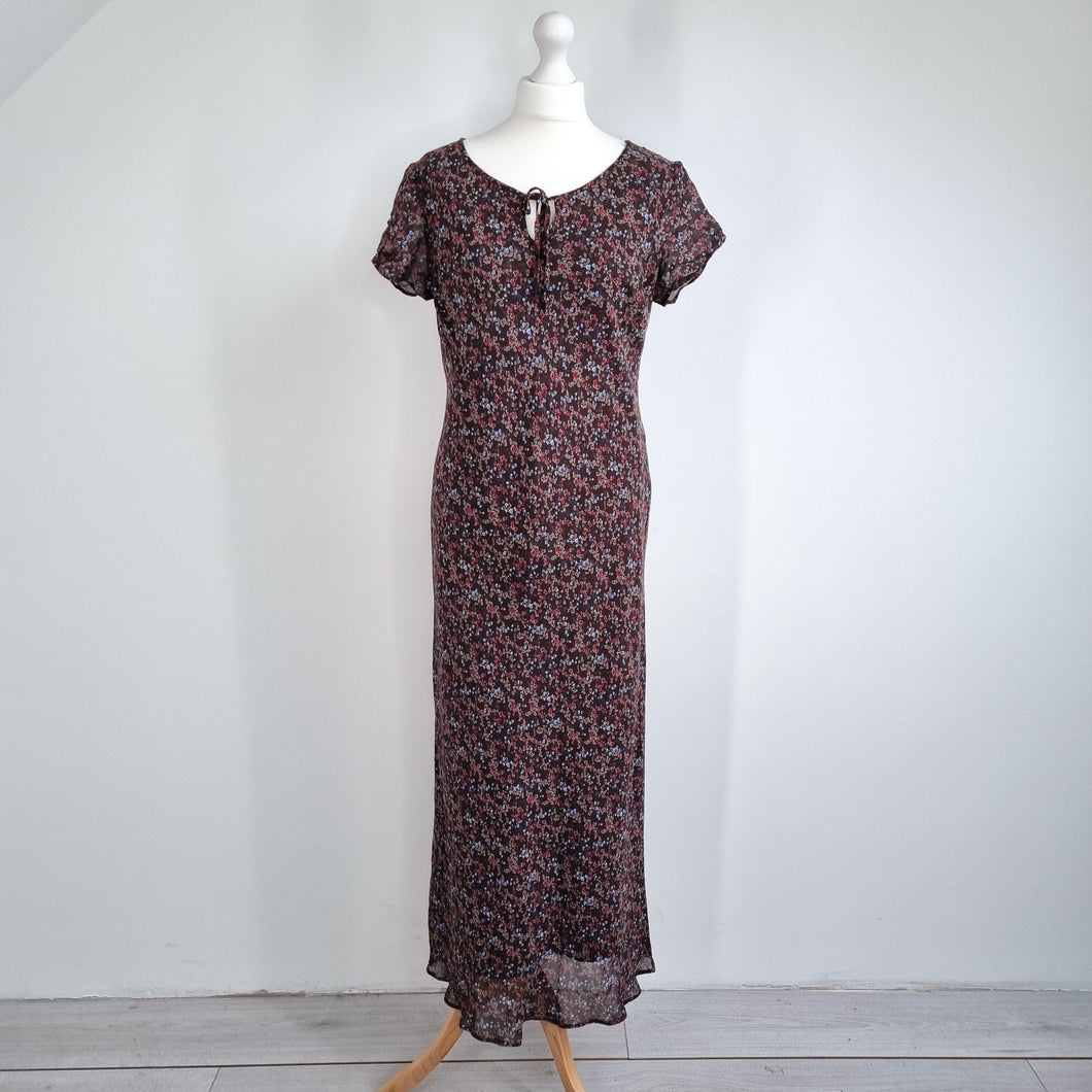 Vintage St Michael Dress Maxi 90s Slip Brown Bias Cut Ditsy Floral Print 12 14