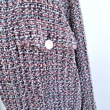 Load image into Gallery viewer, Zara Tweed Shacket Over Shirt Red Black Fringed Raw Rem Long Sleeves XS Work
