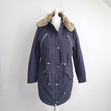 Load image into Gallery viewer, V by Very Parka Coat UK 18 Navy Blue Faux Fur Trim Jacket Winter Padded Pockets
