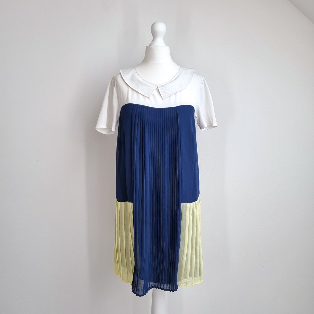 Therapy Dress Pleated Mini Peter Pan Collar UK 8 Colour Block Blue Yellow Lined