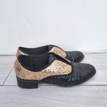 Load image into Gallery viewer, Lollipops Glitter Brogues Shoes UK6 Oxford Ladies Flats Party Gold Black Leather
