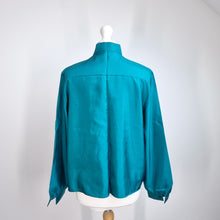 Load image into Gallery viewer, Vintage St Michael Shirt 80s Teal Pintuck Mandarin Collar Blouse 10 12 14 M&amp;S
