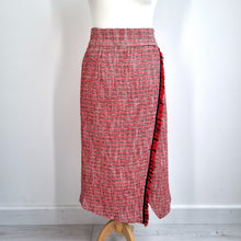 Load image into Gallery viewer, M&amp;S Tweed Midi Skirt UK 14 Red Fringed Pencil Boucle Lined Wrap Office Smart
