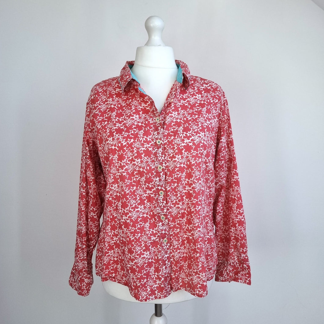 Boden Shirt Floral Print UK 20 Pink 100% Cotton Blouse Long Sleeves Button Down