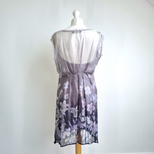 Load image into Gallery viewer, Mint Velvet 100% Silk Dress Floral Print UK 14 Grey Lilac Layered Occasion Party
