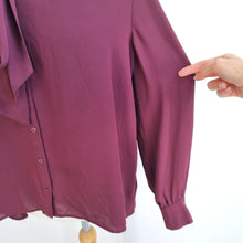 Load image into Gallery viewer, M&amp;S Autograph Blouse Burgundy 12 Pussybow Tie Berry Shirt Work Long Sleeves Top
