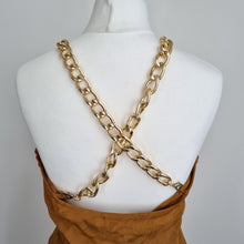 Load image into Gallery viewer, Warehouse Midi Dress Chain Straps Cutout 8 10 Tan Jacquard Party Halter Ruched
