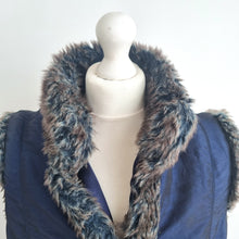 Load image into Gallery viewer, M&amp;S Per Una Gilet Navy Blue Faux Fur Trim Vest Medium Waistcoat Pockets Casual
