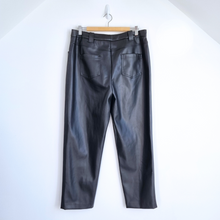 Load image into Gallery viewer, M&amp;S Faux Leather Trousers Tapered High Rise Black Mom Pleated Work 16 Long
