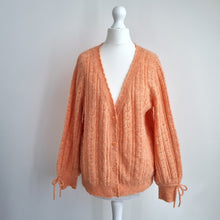 Load image into Gallery viewer, Monsoon Pointelle Knit Cardigan Small Peach Soft Fluffy Bow Cuff Pastel Scallop
