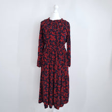 Load image into Gallery viewer, M&amp;S Midi Dress Floral Print Long Sleeves Navy Red Tiered Ruffles Belted Work 8
