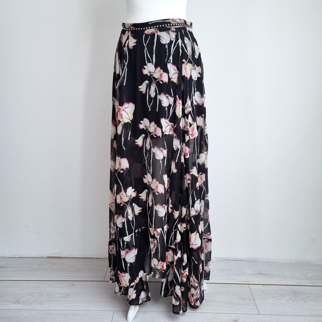 Religion Maxi Skirt Black Dark Floral Studded Floaty Tiered Grunge 10 Small