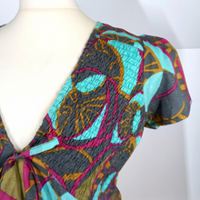 Load image into Gallery viewer, Antik Batik Blouse Top Shirred Smock Print Multicolour Turquoise Cotton Boho 12
